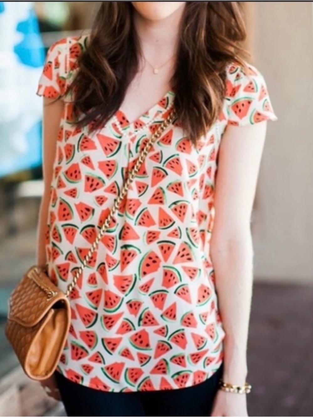 Anthropologie Maeve Watermelon-Print V-Neck Top in Cream, Red, Green